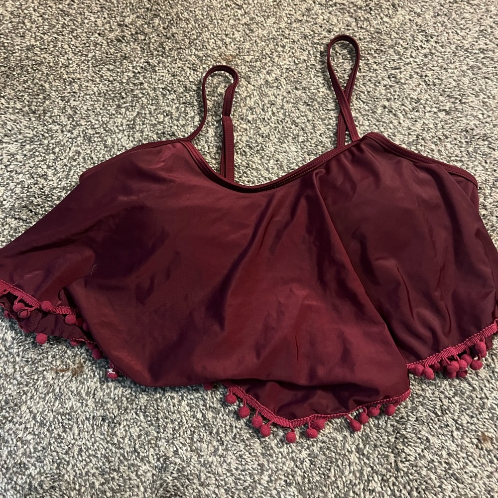Burgundy Pom-Pom Trim Swim Top